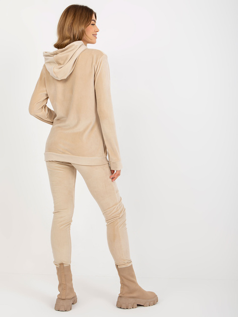 Hurt Beżowy damski komplet welurowy z bluzą z kapturem