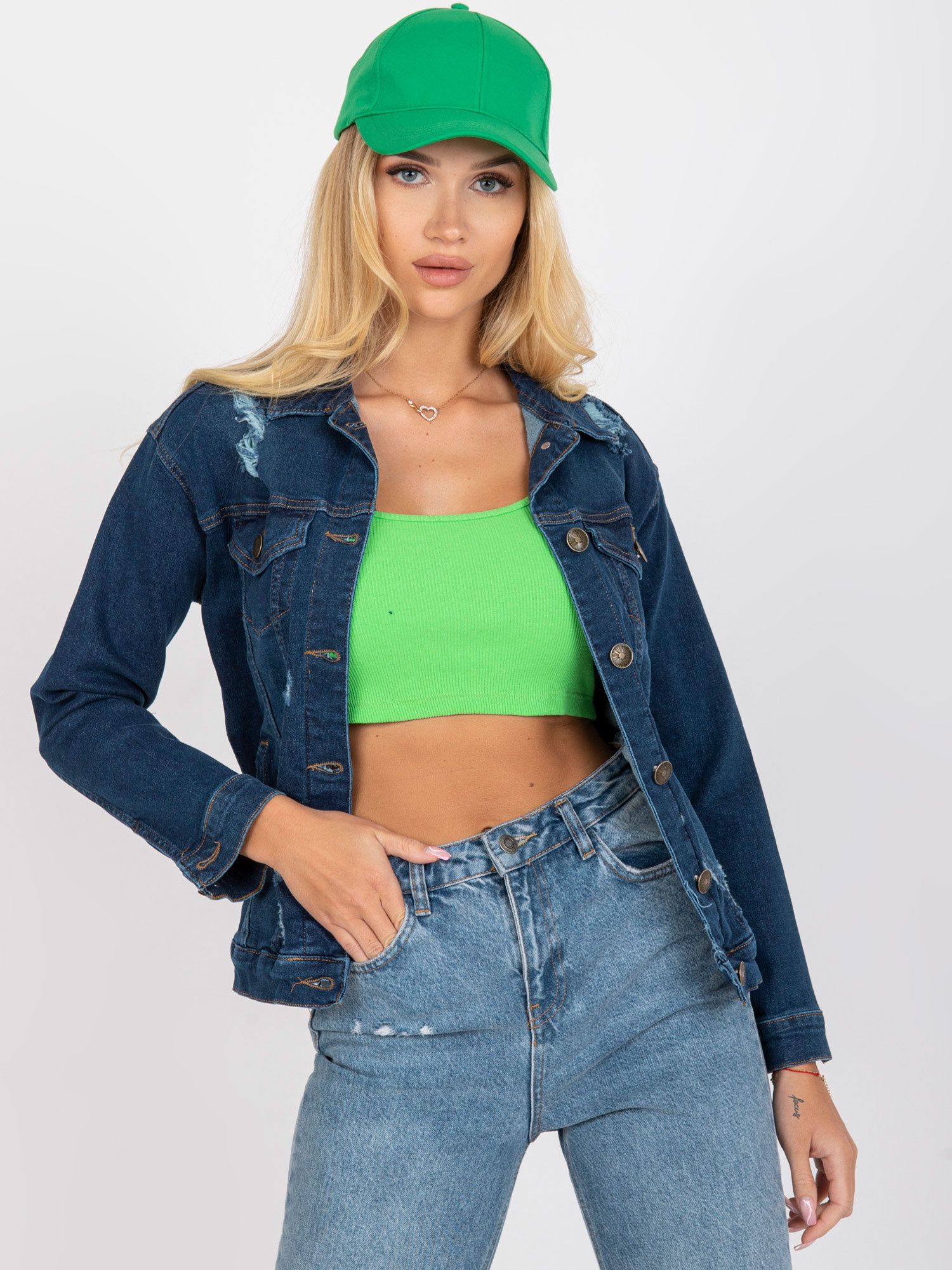 Temno modra ženska jeans jakna z žepi RUE PARIS.