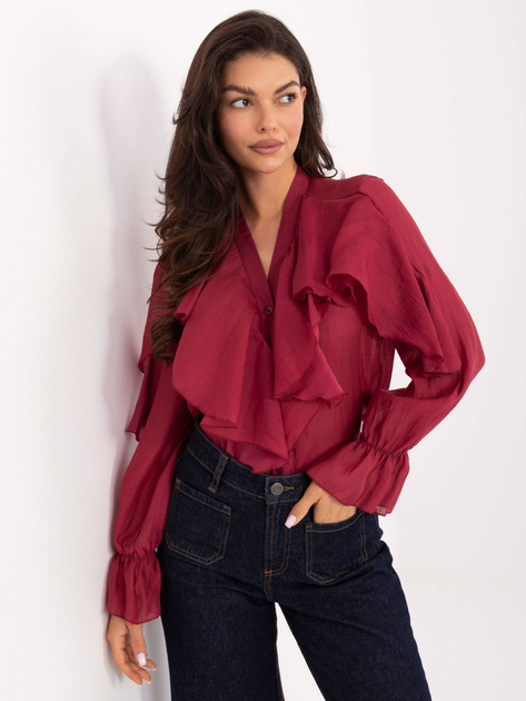 Bordowa koszula z falbankami przy rękawach RUE PARIS