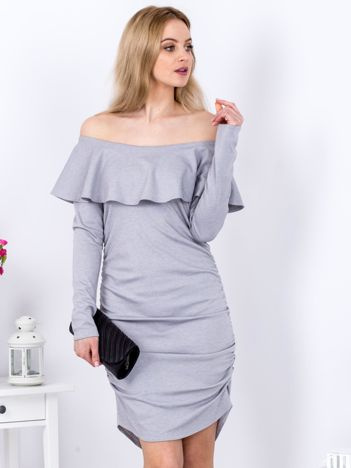 Grey ruffled dress with carmen neckline