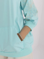 Minzfarbener Damen-Kanguru-Pullover ohne Kapuze.