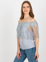 Hurt Szara damska bluzka hiszpanka z frędzlami
