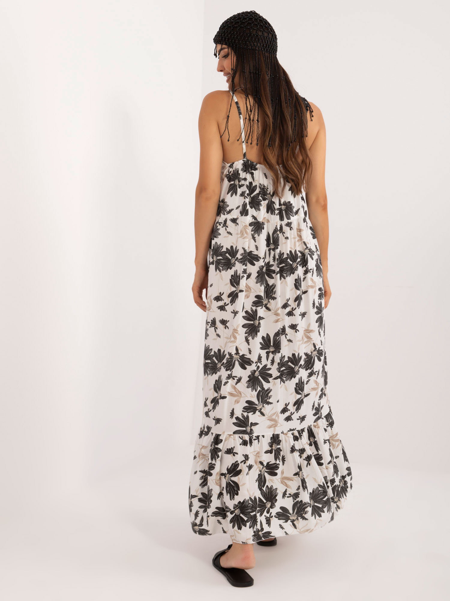 Wholesale Black-and-white long dress with ruffle.
