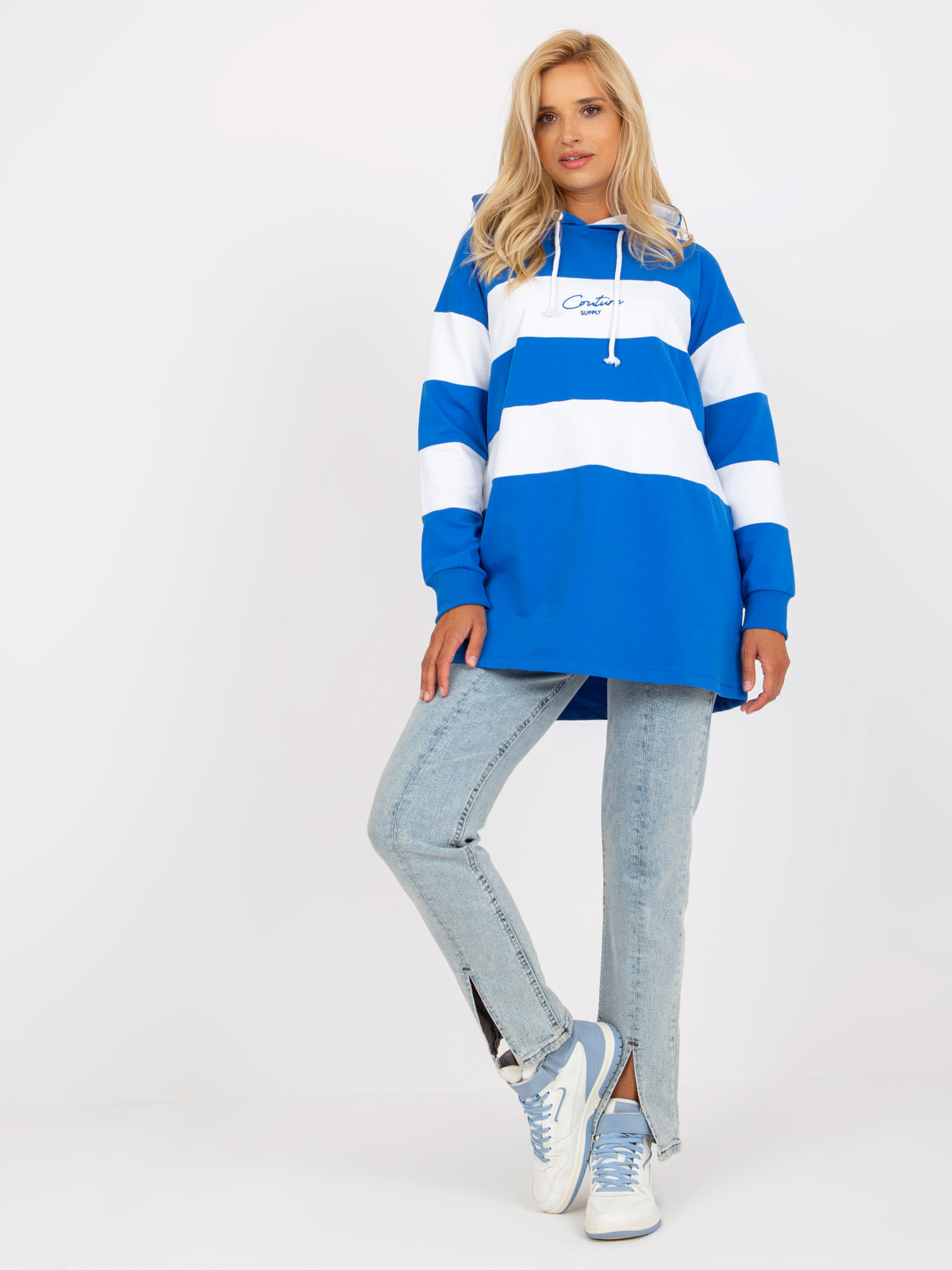 Niebiesko-biała bluza z kapturem w paski RUE PARIS