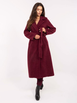 Bordowy damski płaszcz boucle z paskiem