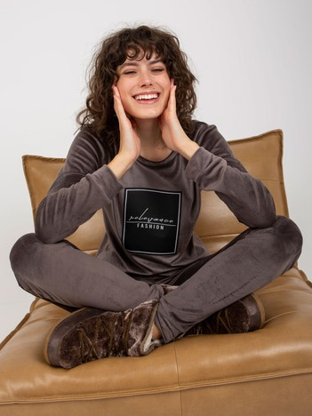 Hurt Ciemnoszary damski komplet welurowy z nadrukiem