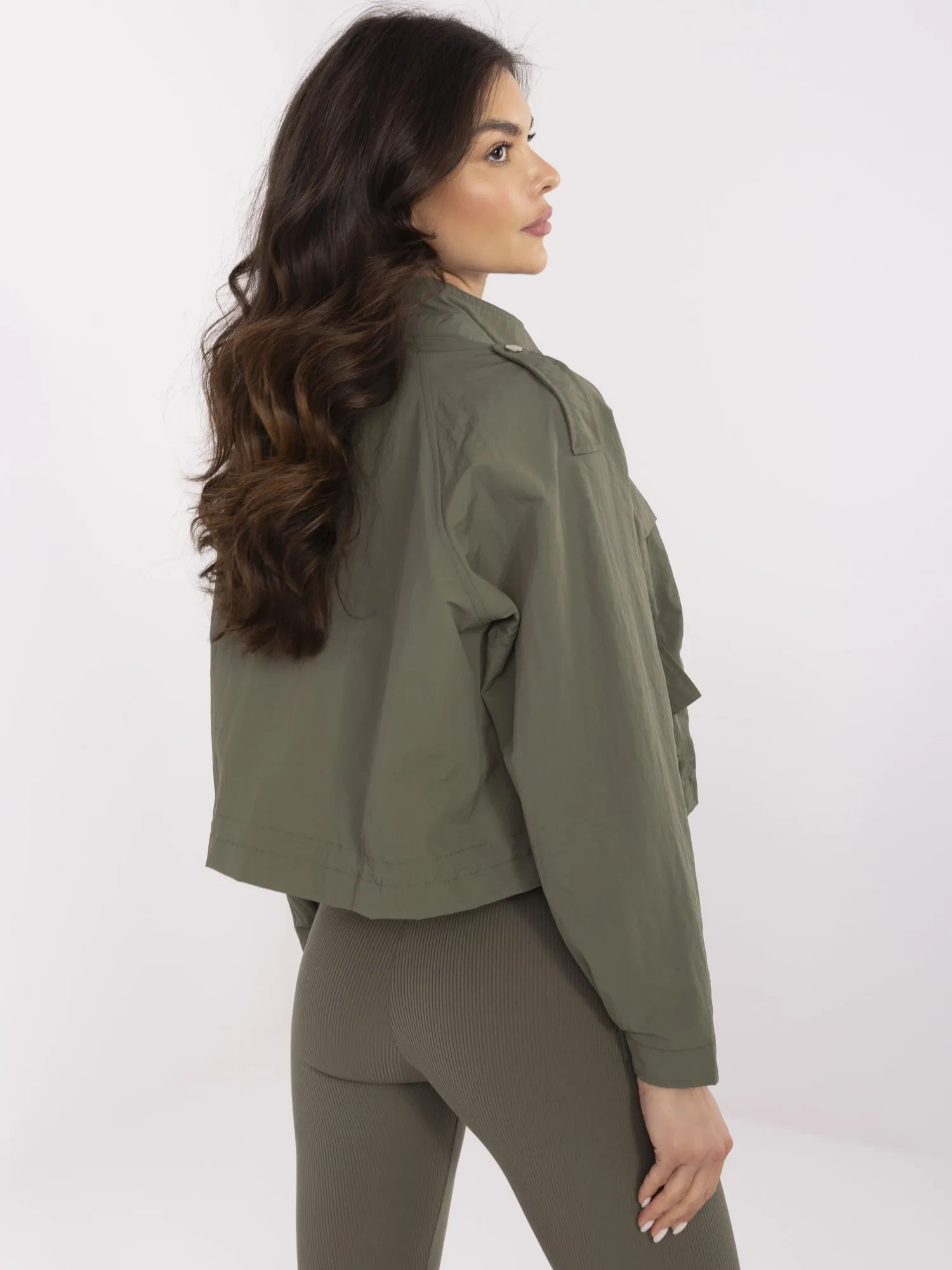 Khaki short windbreaker jacket without a hood.