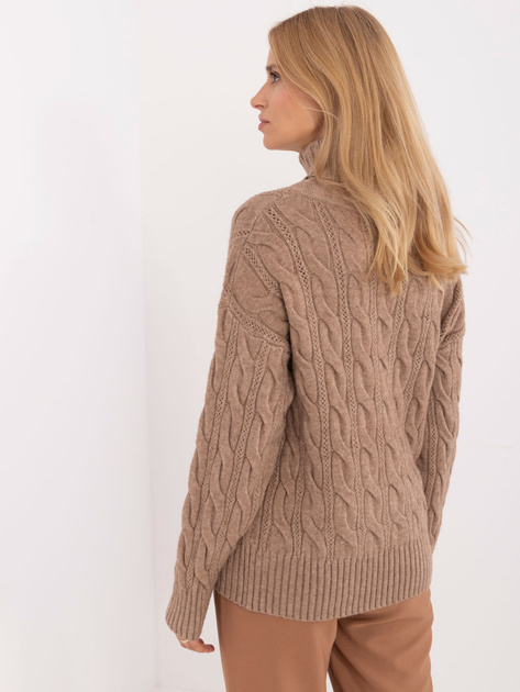 Hurt Ciemnobeżowy damski sweter golf z warkoczami