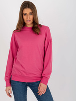 Hurt fuksijinė laisva megztinis be gobtuvo su apvaliu iškirpimu.
