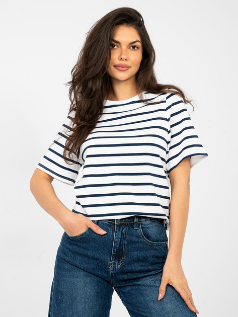 Biało-granatowy damski t-shirt basic w paski RUE PARIS