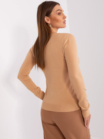 Hurt Camel-colored fitted V-neck sweater.