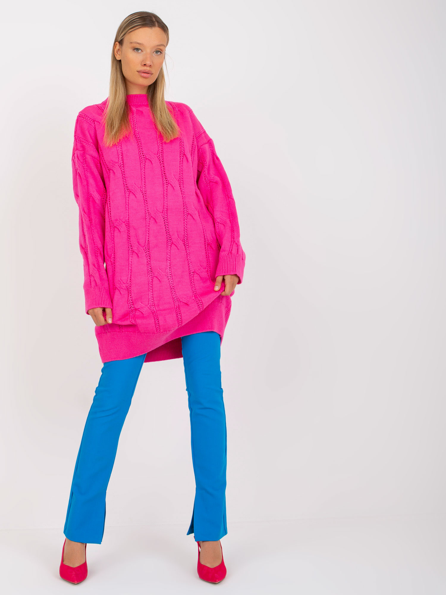 Fluo różowa mini sukienka dzianinowa w warkocze RUE PARIS