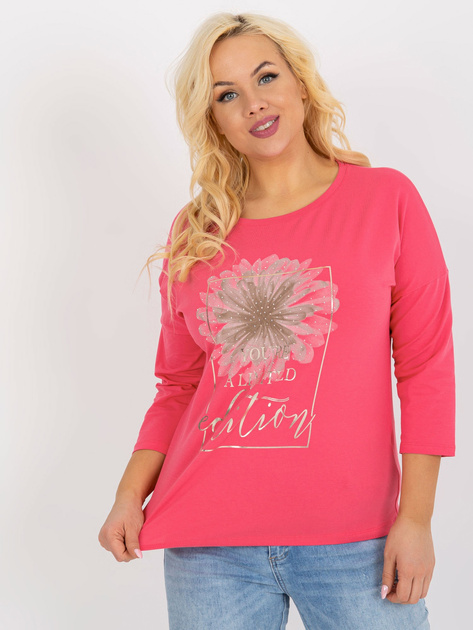 Hurtownia Różowa bawełniana bluzka plus size z dżetami 