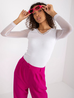 Biała prążkowana bluzka z koronką i długim rękawem RUE PARIS