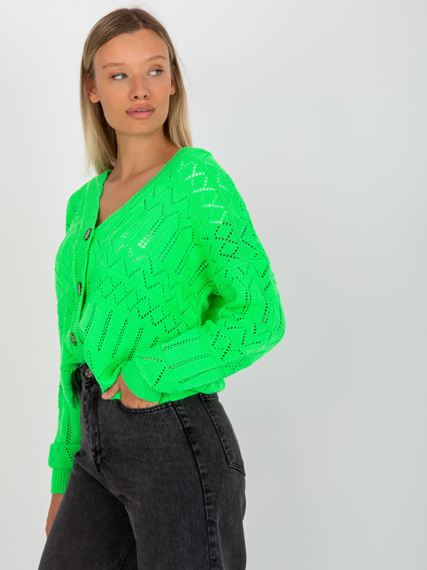 Fluo zielony ażurowy sweter letni z guzikami RUE PARIS