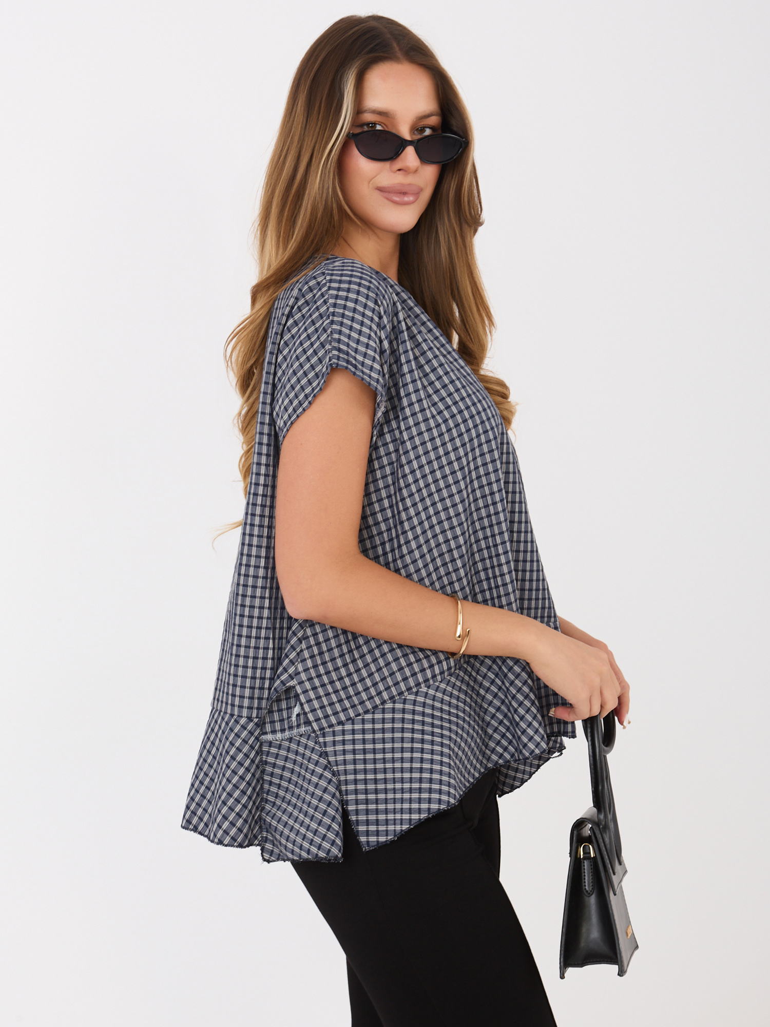 Granatowa letnia bluzka w kratkę