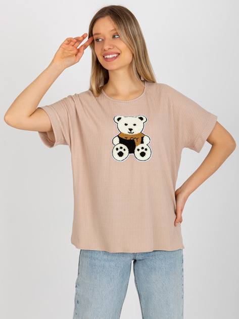 Hurtownia Beżowa prążkowana bluzka oversize z misiem