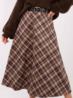 Czekoladowa rozkloszowana spódnica w kratę RUE PARIS
