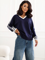 Granatowy damski sweter oversize z dekoltem V