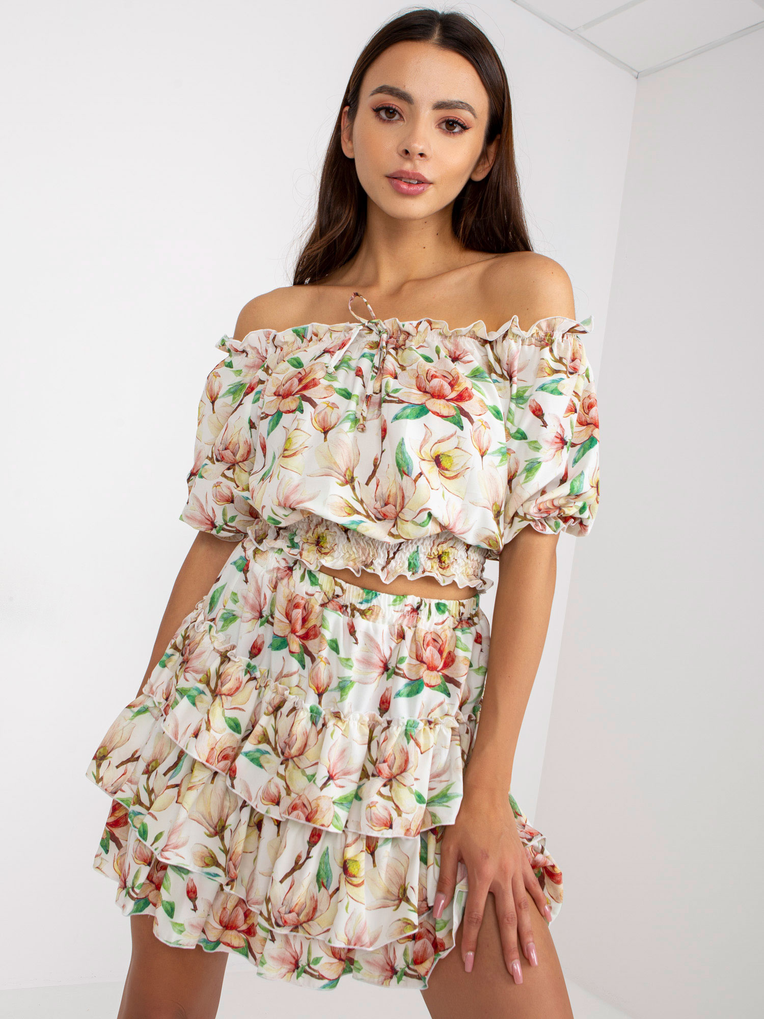 White and burgundy women's summer set with flowers 