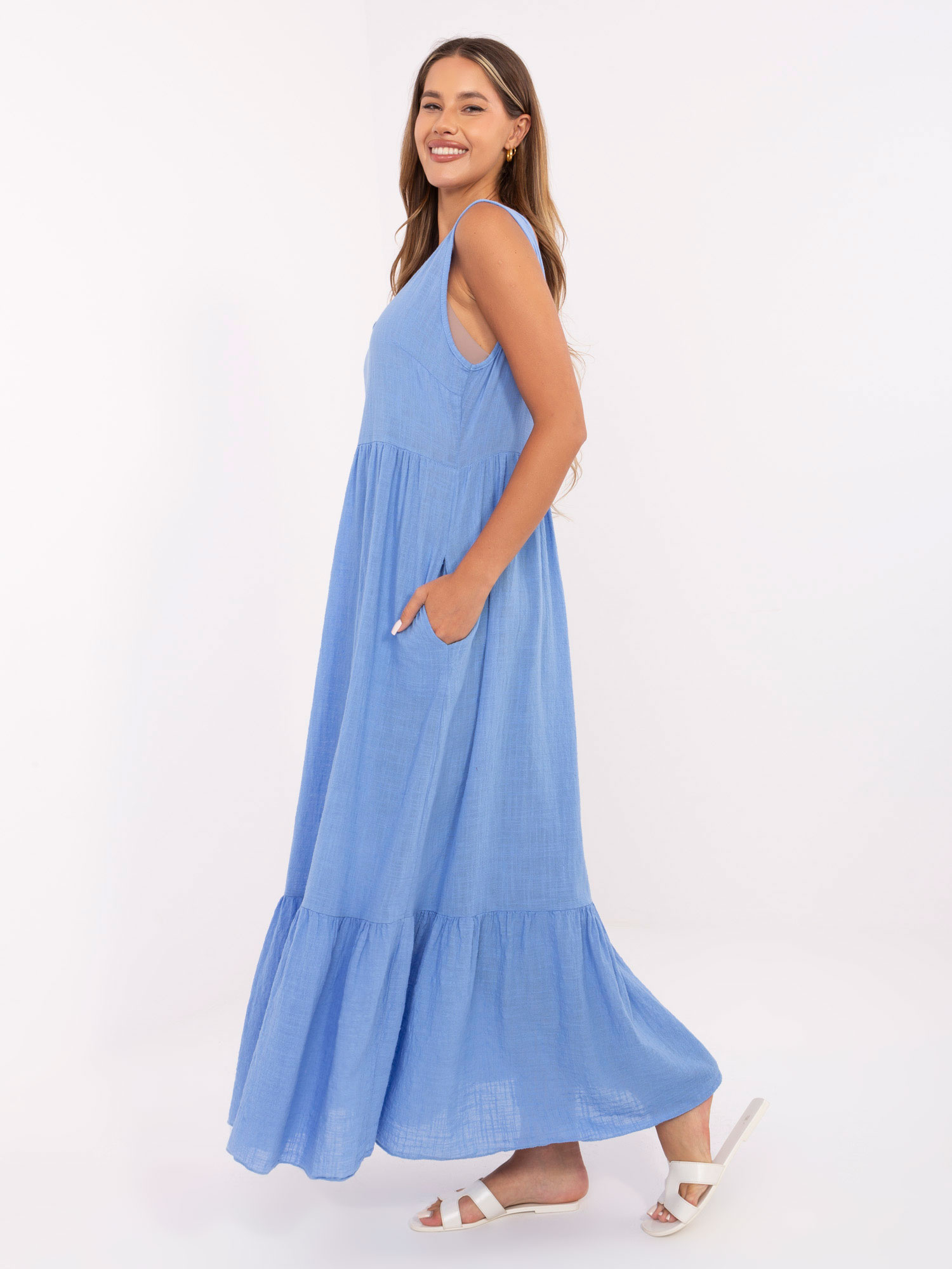 Blaue Maxikleid mit Rüsche OCH BELLA.