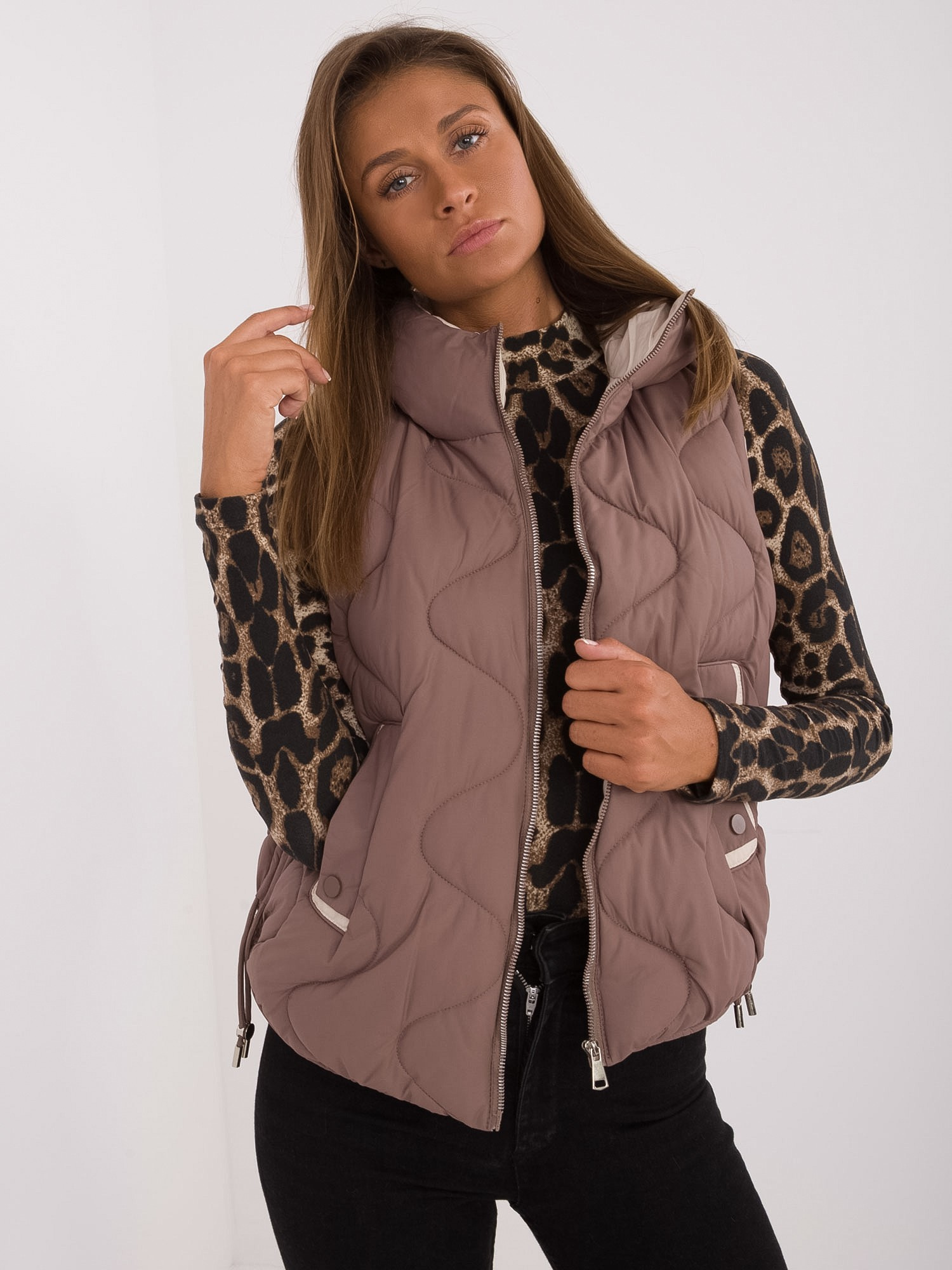 Wholesale Brown Padded Vest with Hood