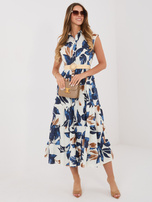 Navy blue shirt dress with a floral pattern.