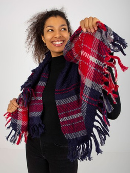 Navy Blue Women's Winter Plaid Scarf with Fringe