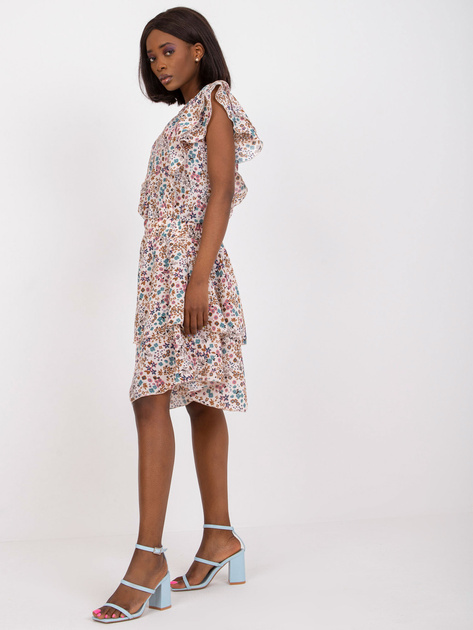 Beżowa sukienka z falbaną i nadrukiem w kwiaty ZULUNA