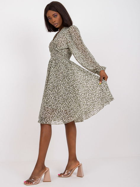 Khaki-beżowa rozkloszowana sukienka midi z printami ZULUNA