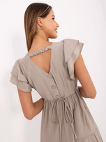 Beige midi dress with buttons on the back.