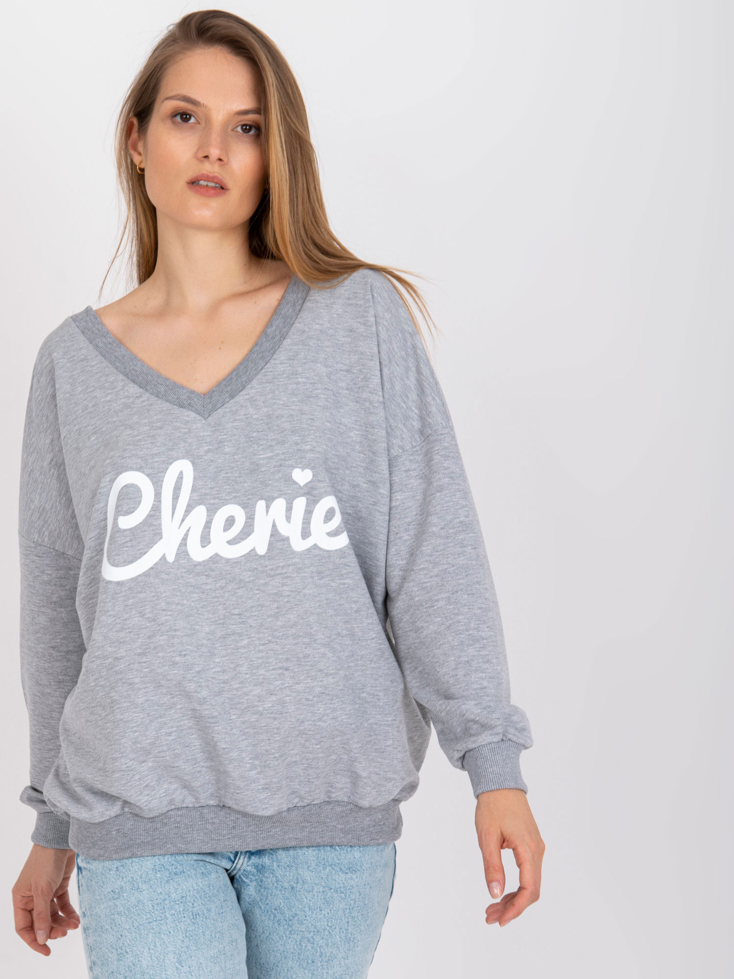 Grey and white oversize sweatshirt with print and V-neck 