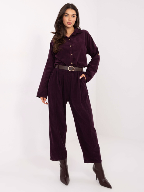Ciemnofioletowe sztruksowe spodnie z paskiem