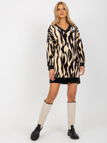 Hurt Jasnobeżowo-czarna mini sukienka welurowa z dekoltem V RUE PARIS 