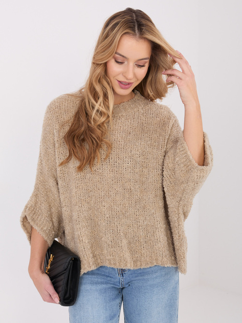 Beżowy damski sweter boucle z rękawem 3/4