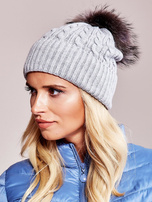 Grey hat with ribbing and fur pompom 