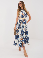 Granatowa koszulowa sukienka z motywem roślinnym