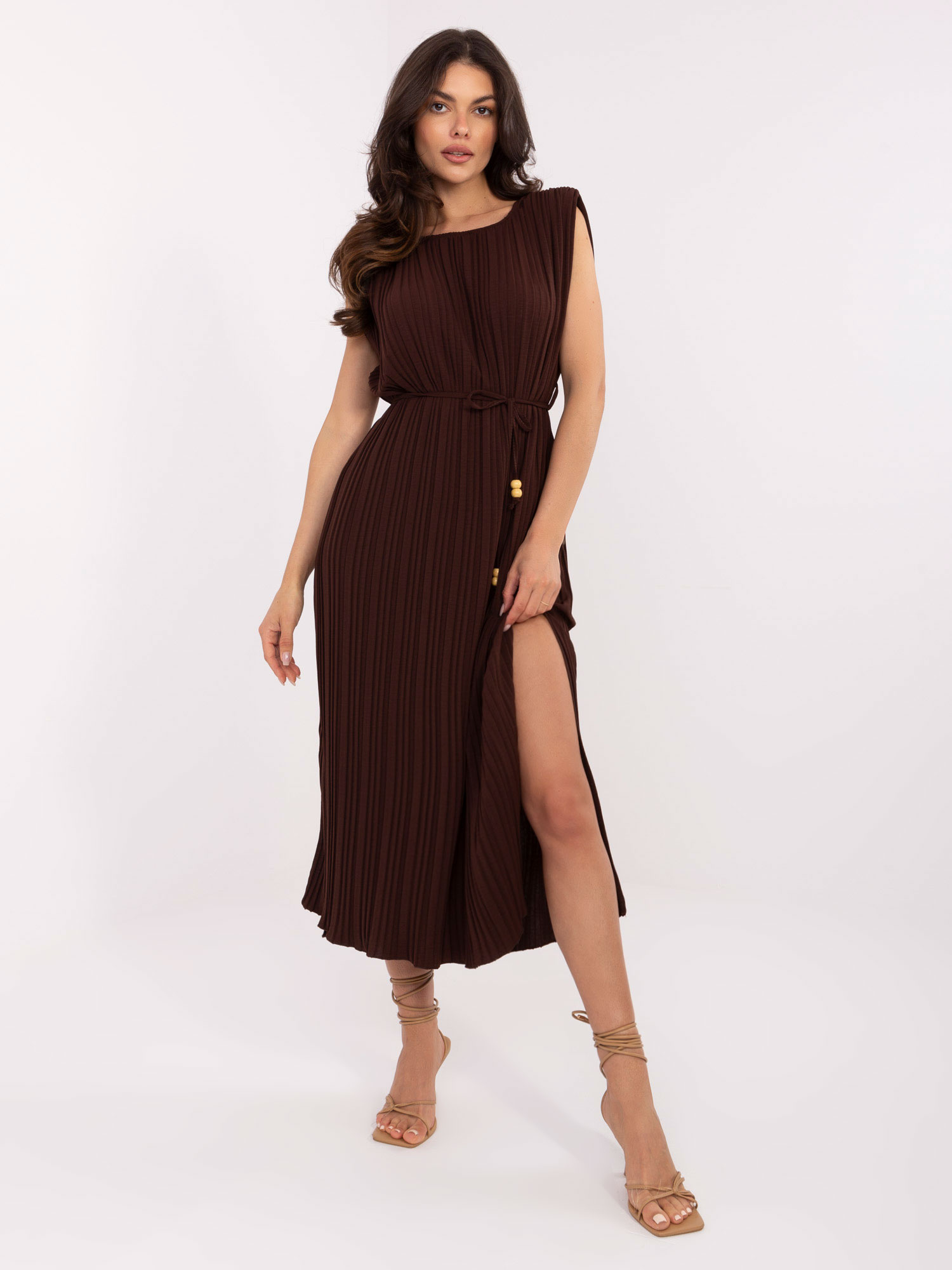 Dark brown midi dress with pleats.