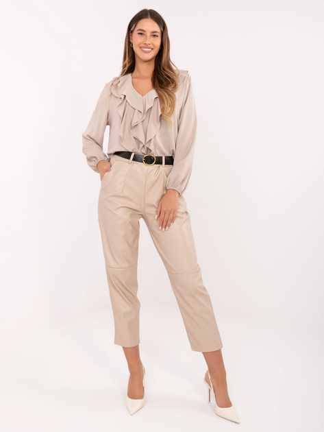 Beżowe skórzane spodnie z kieszeniami RUE PARIS 