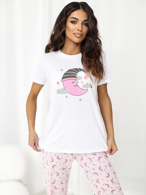 Ecru-różowa damska piżama z t-shirtem