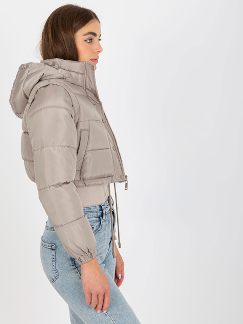 Hurtownia Ciemnobeżowa krótka kurtka zimowa 2w1 z kapturem