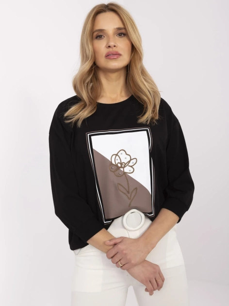 Czarna damska bluzka z wyhaftowanym kwiatem
