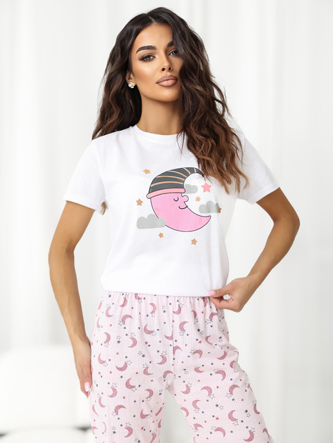 Ecru-różowa damska piżama z t-shirtem