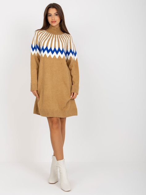 Hurt Camelowa sukienka z dzianiny we wzory RUE PARIS