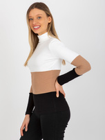 Hurt Ecru-czarna dopasowana bluzka basic z golfem w prążek