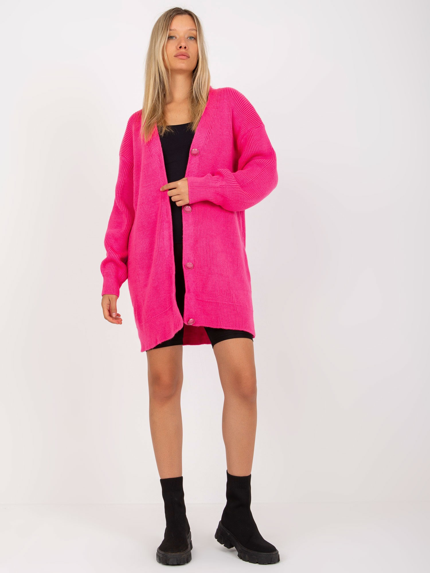 Fluo różowy długi sweter rozpinany z guzikami RUE PARIS