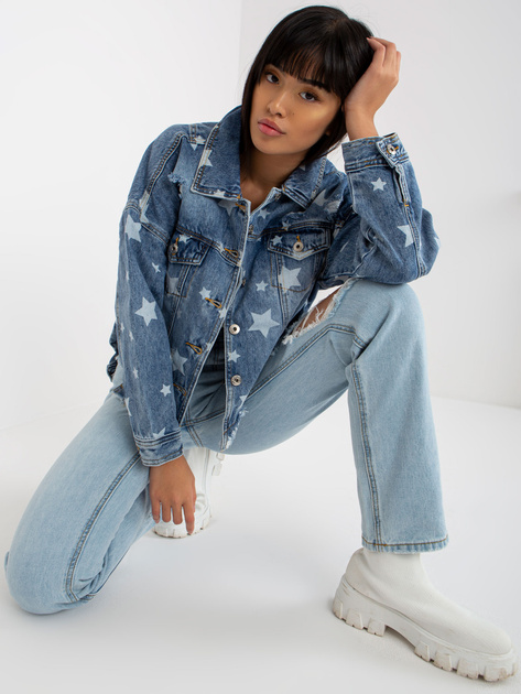 Hurt Niebieska damska kurtka jeansowa z printem i dziurami