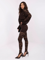 Brązowe eleganckie legginsy z koronki