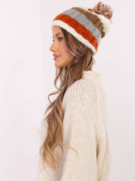 Hurt Ecru-pomarańczowa damska czapka w paski