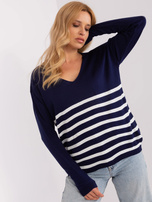 Hurt Granatowy damski sweter oversize z dekoltem V